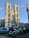 London, England, January 15, 2020. Police Motorcyclists at Taxi Driver Demonstation outside Westminster Abbey. Royalty Free Stock Photo