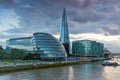 LONDON, ENGLAND - JUNE 15 2016: Amazing Sunset photo of The Shard skyscraper and City Hall from Thames river, Great Brita Royalty Free Stock Photo