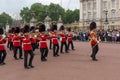 LONDON, ENGLAND - JUNE 17 2016: British Royal guards perform the Changing of the Guard in Buckingham Palace, England, Grea Royalty Free Stock Photo