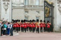 LONDON, ENGLAND - JUNE 17 2016: British Royal guards perform the Changing of the Guard in Buckingham Palace, London, Grea Royalty Free Stock Photo