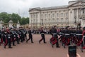 LONDON, ENGLAND - JUNE 17 2016: British Royal guards perform the Changing of the Guard in Buckingham Palace, London, Grea Royalty Free Stock Photo