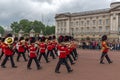 LONDON, ENGLAND - JUNE 17 2016: British Royal guards perform the Changing of the Guard in Buckingham Palace, London, Grea Royalty Free Stock Photo