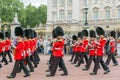 LONDON, ENGLAND - JUNE 17 2016: British Royal guards perform the Changing of the Guard in Buckingham Palace, London, Grea Royalty Free Stock Photo