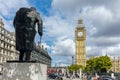 Monument of Winston Churchill and Big Ben, London, England, United Kingdom Royalty Free Stock Photo