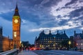 Night photo of Houses of Parliament with Big Ben from Westminster bridge, London, England, Great B Royalty Free Stock Photo