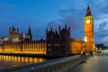 Night photo of Houses of Parliament with Big Ben from Westminster bridge, London, England, Great B Royalty Free Stock Photo