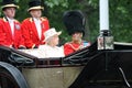 London, England - June 13, 2015: Queen Elizabeth II in an open carriage with Prince Philip for trooping the colour 2015 to mark th Royalty Free Stock Photo