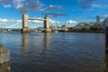 LONDON, ENGLAND - JUNE 15 2016: Sunset panorama of Tower Bridge in London in the late afternoon, United Kingdom Royalty Free Stock Photo