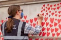 LONDON, ENGLAND- 31 March 2021: Volunteer adding love hearts to The National Covid Memorial Wall near St Thomas` Hospital