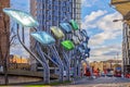 Futuristic signs outside Westfield mall in Stratford, London