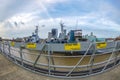 View with HMS Belfast battleship of the Thames River and labels Royalty Free Stock Photo