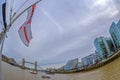 View from one ship with British flag on Thames river Royalty Free Stock Photo