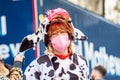 LONDON/ENGLAND- 10 October 2020: Extinction Rebellion wearing a cow costume, protesting to end the destruction of the Amazon Royalty Free Stock Photo