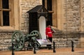 Guards changing ceremony in the historic Tower of London where Royal jewelry collection held.