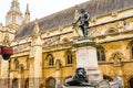 London, England - 23.04.2022: Oliver Cromwell monument outside Houses of Parliament, Westminster, London.