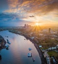 London, England - Panoramic aerial skyline view of east London at sunrise with skycrapers Royalty Free Stock Photo