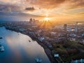 London, England - Panoramic aerial skyline view of east London at sunrise with skycrapers of Canary Wharf Royalty Free Stock Photo