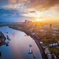 London, England - Panoramic aerial skyline view of east London at sunrise with skycrapers of Canary Wharf