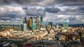 London, England - Panoramic skyline view of Bank and Canary Wharf, central London`s leading financial districts Royalty Free Stock Photo