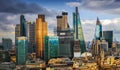 London, England - Panoramic skyline view of Bank and Canary Wharf, central London`s leading financial districts Royalty Free Stock Photo