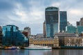 London, England - Panoramic skyline view of the famous Bank district of central London with skyscrapers, boats Royalty Free Stock Photo