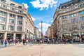 London, England -2 SEP 2019 : The famous Oxford Circus with Oxford Street and Regent Street on a busy day