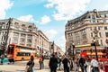 London, England -2 SEP 2019 : The famous Oxford Circus with Oxford Street and Regent Street on a busy day