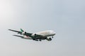 LONDON, ENGLAND - SEPTEMBER 27, 2017: Emirates Airlines Airbus A380 A6-EEJ landing in London Heathrow International Airport. Royalty Free Stock Photo