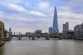 London, England skyline with the Shard, Southwark Bridge and Tower Bridge on Thames river during the day