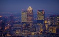 London, England - Skyline view of the skyscrapers of Canary Wharf, the leading business district of London at blue hour Royalty Free Stock Photo