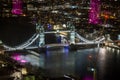 London, England - Tower Bridge and River Thames aerial view with reflections.