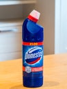 A blue bottle of famous Domestos bleach. Household disinfectant.