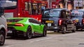 London, England, UK - December 31, 2019: Traffic jam in London center with expensive green supercar in the evening hours