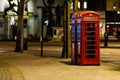 Red Telephone Booth at night, red phone booth is one of the most famous London icons, London, England, UK