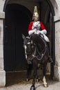 Royal guard sitting in a horse guarding a door