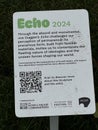 Information board re The sculpture Echo by Joe Duggan in Russell Square, London, England, UK. October 2024.