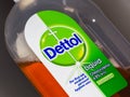 Close-up of a bottle of Dettol label. A household disinfectant.