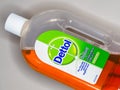 Close-up of a bottle of Dettol label. A household disinfectant.