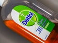 Close-up of a bottle of Dettol label. A household disinfectant.