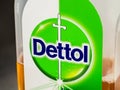 Close-up of a bottle of Dettol label. A household disinfectant.