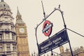 London / England: 02.08.2017 Underground sign, logo Westminster station. Royalty Free Stock Photo