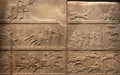 London, United Kingdom - Ancient Assyria clay tablet relief of king Ashurbanipal hunt for lions from his royal palace in Nineveh Royalty Free Stock Photo