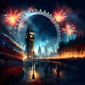 London Eye and Big Ben, Londoners watching fireworks show, red double-decker bus. New Year\'s fun and festiv Royalty Free Stock Photo
