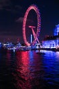 London Eye at night with water reflection.