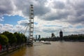 The london eye on the river under a gray and cloudy spring sky