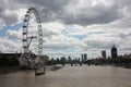 The london eye on the river under a gray and cloudy spring sky