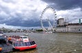 London Eye, Thames River, Tour Boat filled with Tourists