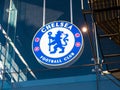 Chelsea Football Club logo above stadium shop.