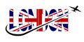 London flag text with plane silhouette and swoosh illustration