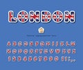 London font. British national flag colors. Bright english alphabet for language school or tourism design. Vector